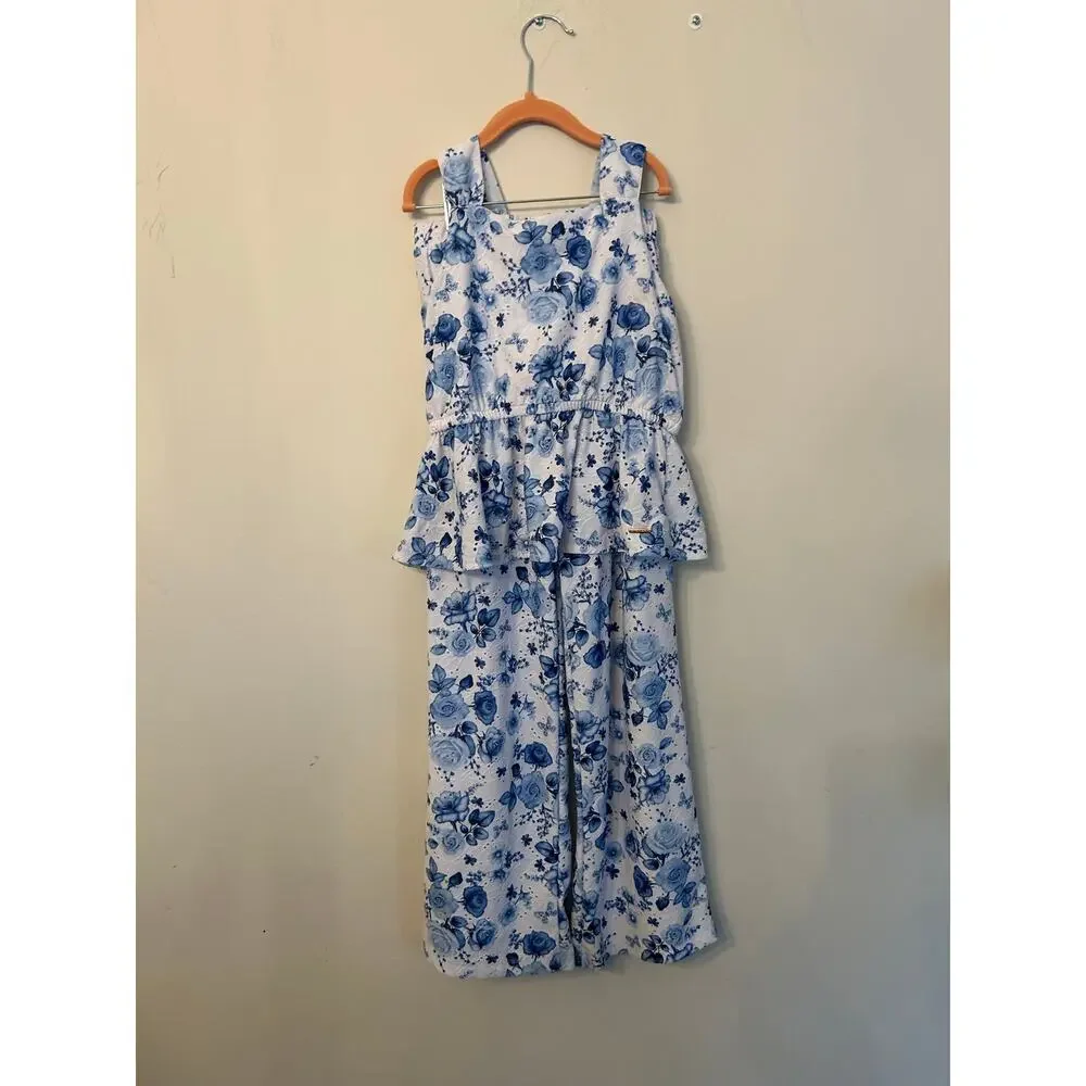 Tahari Girls Blue White Floral 2 Pc Matching Set Peplum Top Wide Leg Pants Sz 12